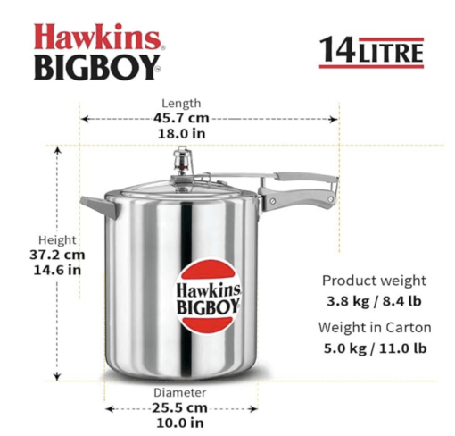Hawkins Bigboy Pressure Cooker, 14 Litre, Silver (BB14) - Image 4